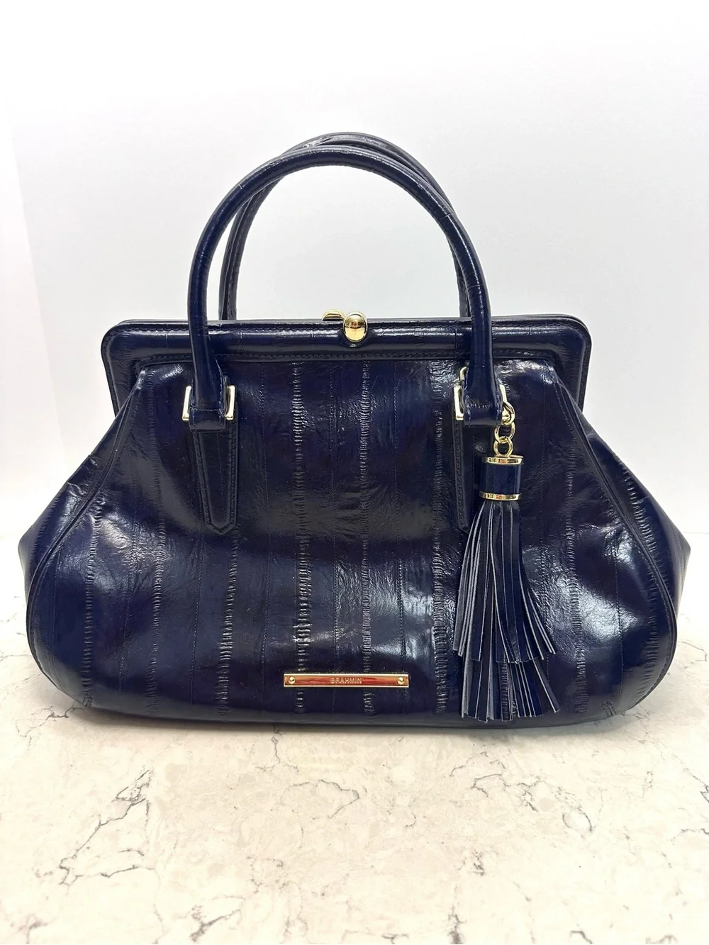 Brahmin Layla Dark Blue Structured Bag Embossed Eel Print Leather Magnetic Close